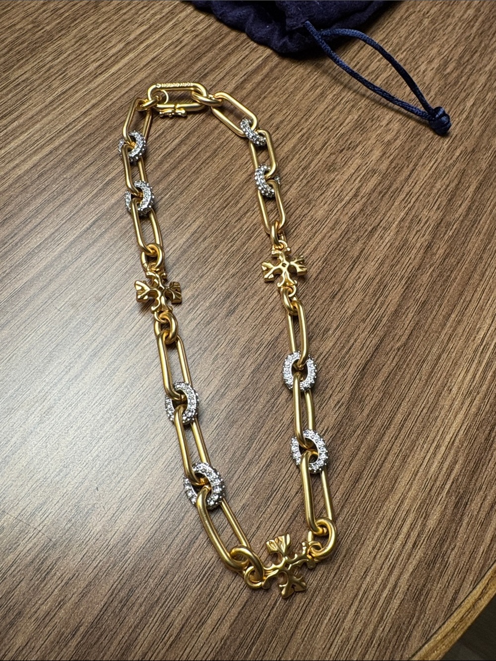 Tory Burch Paper Clip Gold With Rhinestones Logo Necklace With Dustbag